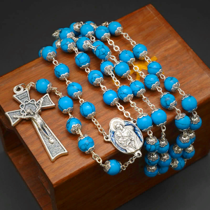 Blue Turquoise Christ Prayer Rosary with Mary & Baby Jesus Medal