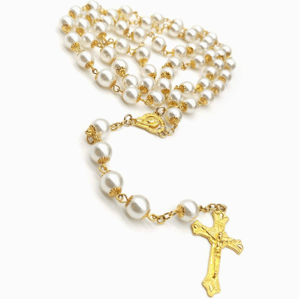 White Pearl Beads Catholic Blessing Rosary