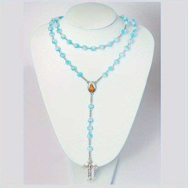 Celestial Blue Glass Beads Rosary with Jesus Heart & Crucifix