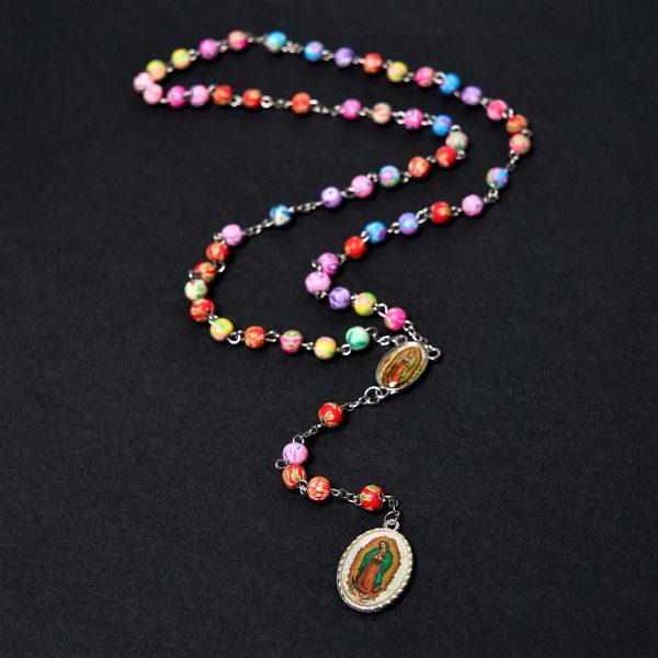 Our Lady of Guadalupe & Crucifix of 6 mm Round Multicolor Polymer Clay Alloy Chain Rosary