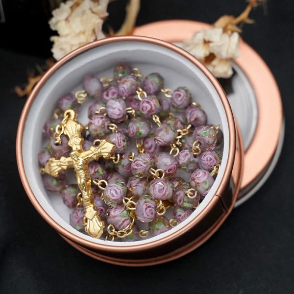 Christianartworkshop Flower Rose Glazed Beads Rosary with Mary & Crucifix