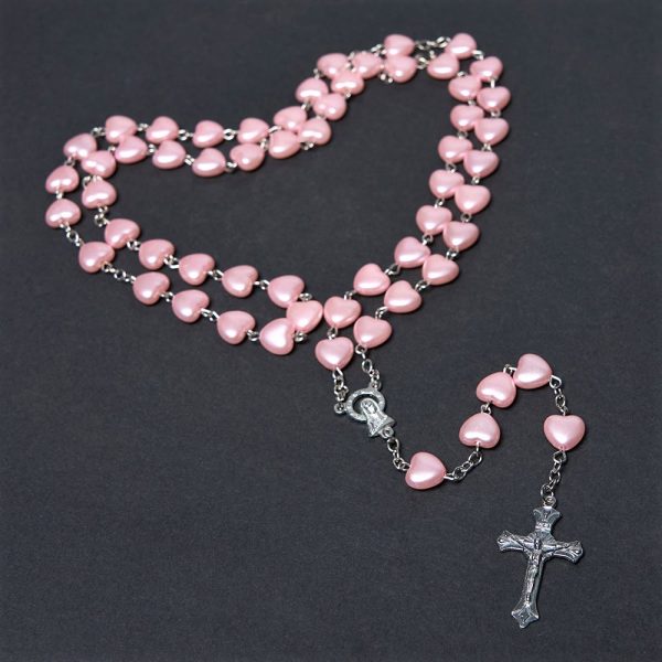 Our Lady of Fátima & Crucifix of 10 mm Heart Pink Acrylic Alloy Chain Rosary