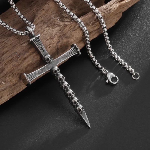 Christianartworkshop Titanium Steel Skull Nail Cross Pendant Necklace