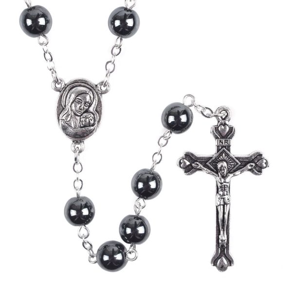 Madonna and Child & Crucifix of 8 mm Round Black Hematite Alloy Chain Rosary