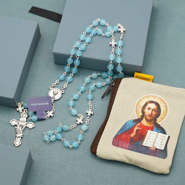 Blessing Rosary Cross in Light Blue Chalcedony