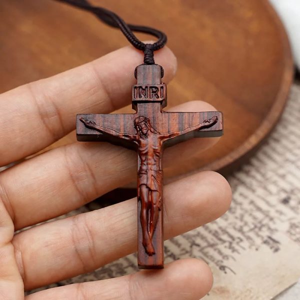Christianartworkshop FAITH AS YOUR ARMOR: Jesus Crucifix Wooden Necklace