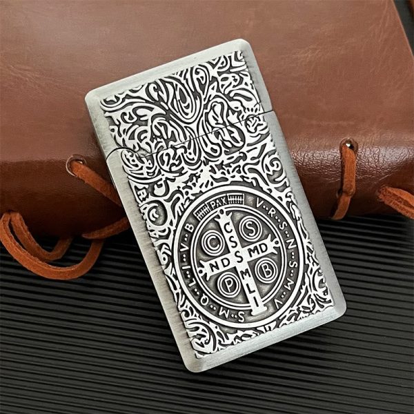 Carved St. Benedict Cross Medallion Solid Metal Cigarette Lighter