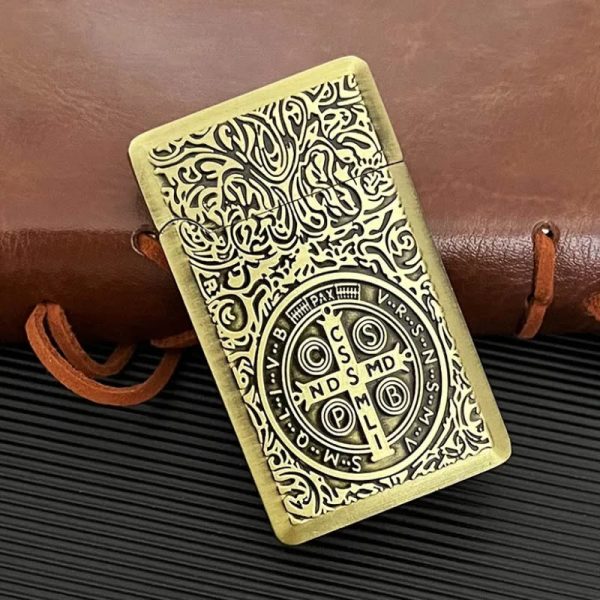 Carved St. Benedict Cross Medallion Solid Metal Cigarette Lighter