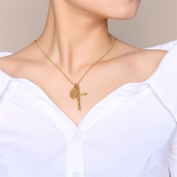 Virgin Mary Medallion Crucifix Titanium Necklace
