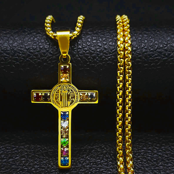 Saint Benedict Cross Mix Bible 12 Crystal Necklace