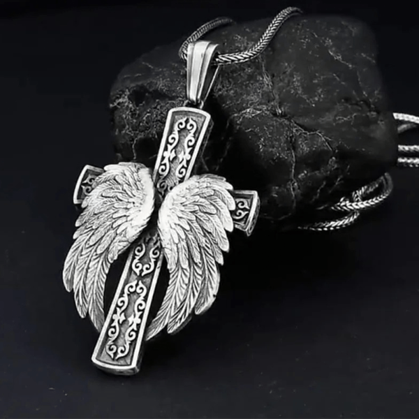 Christianartworkshop Winged Cross Silver Pendant Christian Necklace
