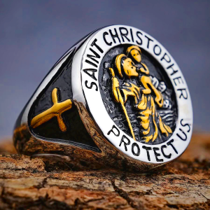 Saint Christopher Protect Us Medal Signet Ring - Christian Artwork