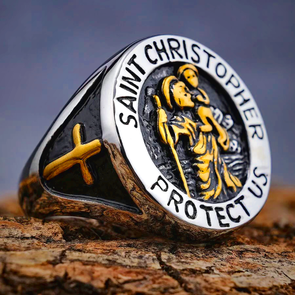 Saint Christopher Protect Us Medal Signet Ring - Christian Artwork