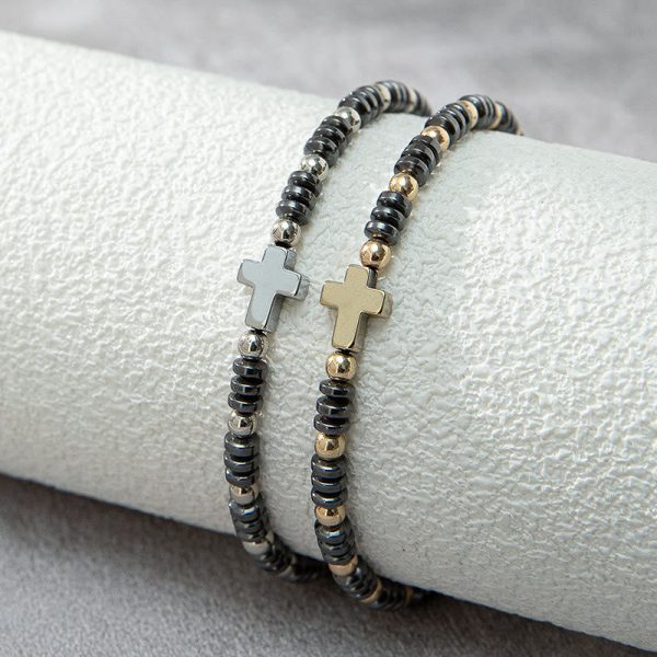 Christianartworkshop 2pcs Cross Decor Beaded Stackable Hematite Bracelet