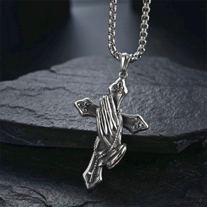 Praying Hands Cross Stainless Steel Pendant Necklace