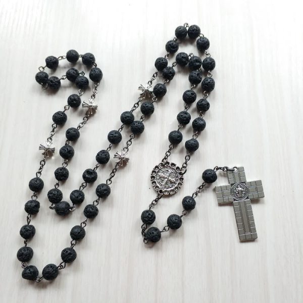 Vintage Cross Pendant Volcanic Stone Beads Rosary