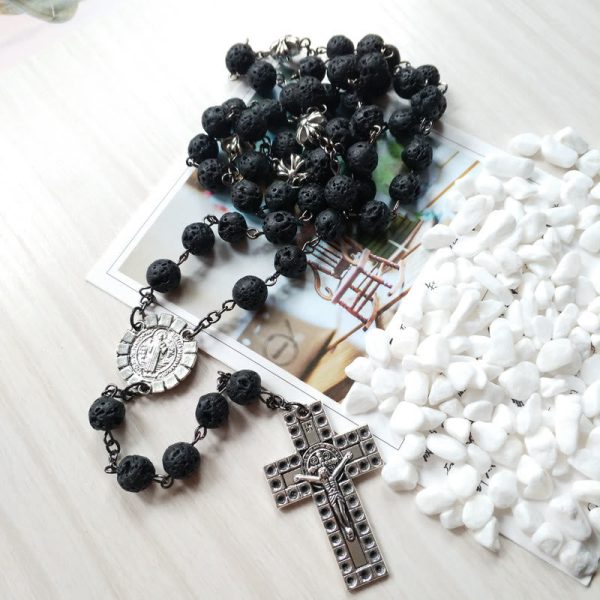 Vintage Cross Pendant Volcanic Stone Beads Rosary