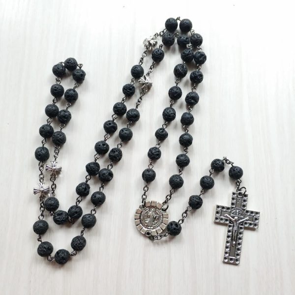 Vintage Cross Pendant Volcanic Stone Beads Rosary