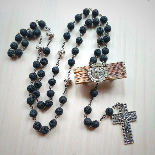 Vintage Cross Pendant Volcanic Stone Beads Rosary