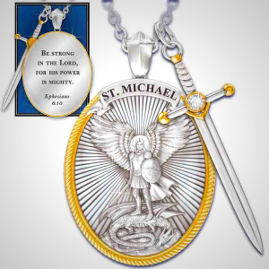 Two Tone Sword & Oval Shield St. Michael Pendant Necklace