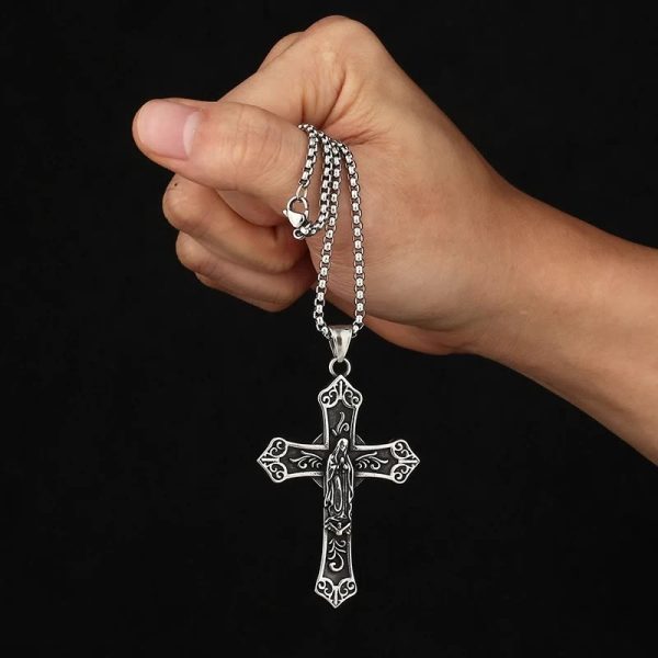 Christianartworkshop Retro Titanium Virgin Mary Cross Pendant Necklace