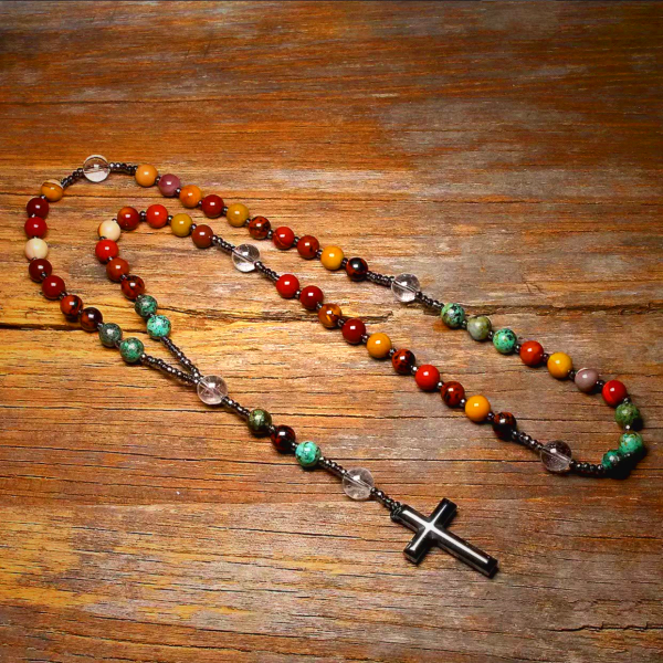 Hematite Cross Pendant Natural Stone Mix Christian Rosary