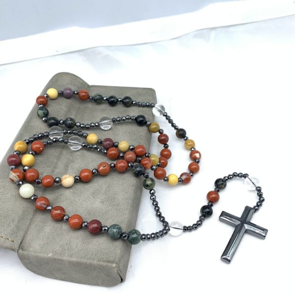 Hematite Cross Pendant Natural Stone Mix Christian Rosary
