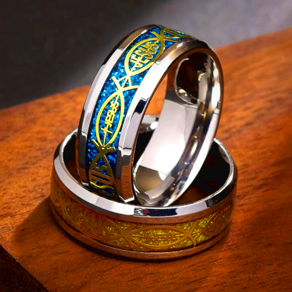 Rustic Stainless Steel Ring: "Jesus" in Fish