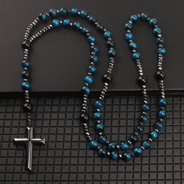 Christianartworkshop Agate/Tiger's Eye Stone Cross Catholic Rosary