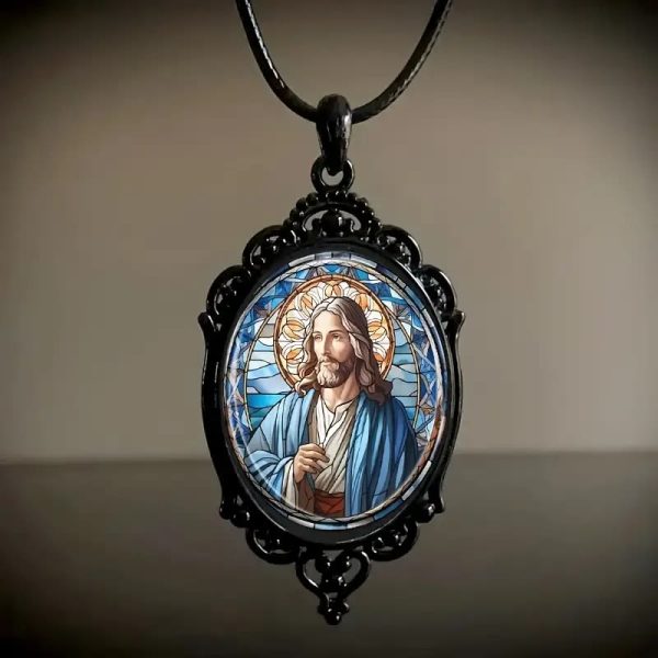 Christianartworkshop Retro Lace Oval Jesus Glass Pendant Necklace