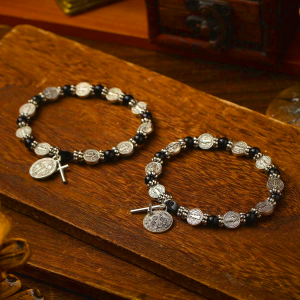 Christianartworkshop Silver St. Benedict Medal Rosary Bracelet