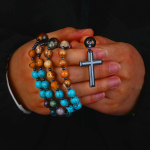 Hematite Cross Christian Religious Seven Stones Rosary