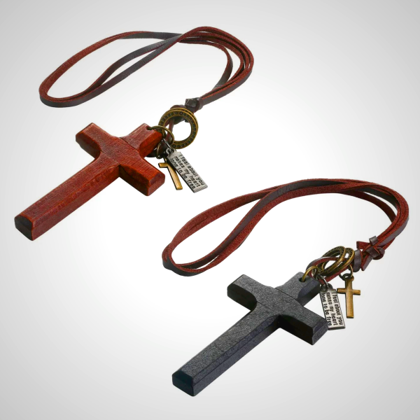 Vintage Wood Cross Adjustable Leather Necklace