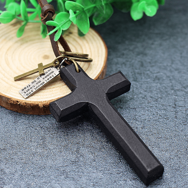 Christianartworkshop Vintage Wood Cross Adjustable Leather Necklace