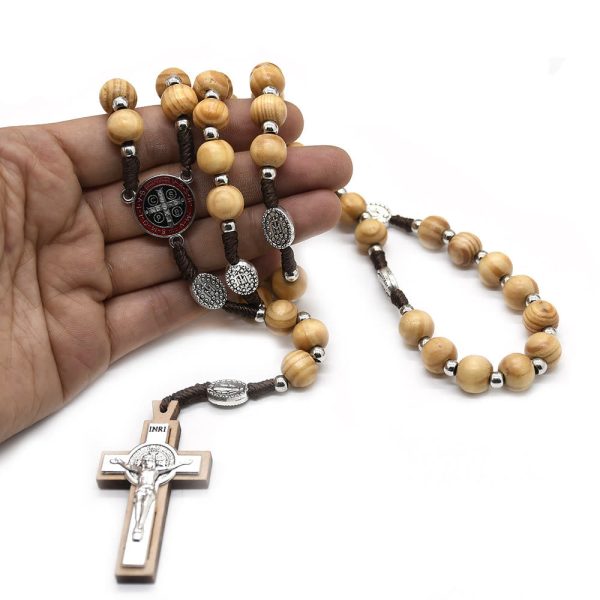 Catholic Crucifix Jesus St. Benedict Weave Pine Wood Beads Rosary