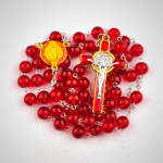 Catholic St. Benedict Centerpiece Red Glass Beads Cross Rosary