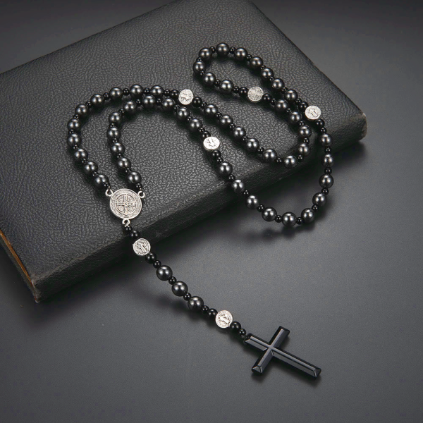 St. Benedict Medal & Cross of 8 mm Round Black Multi-material Nylon Cord Rosary