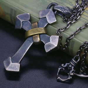 925 Sterling Silver Retro Style Heavy Metal Cross Pendant Necklace