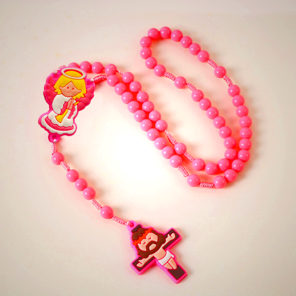 Guardian Angel & Crucifix of 8 mm Round Pink/Blue Acrylic Nylon Cord Child Rosary
