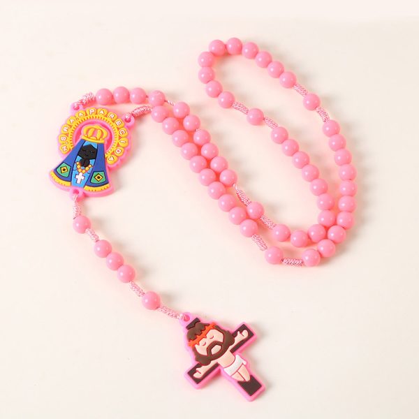 Guardian Angel & Crucifix of 8 mm Round Pink/Blue Acrylic Nylon Cord Child Rosary