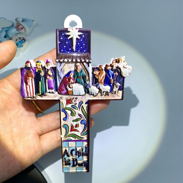 Christianartworkshop Retro Colorful Style Hanging Pendant Jesus Born Cross Christmas Nativity Ornaments