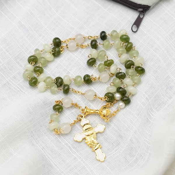 Holy Grail & Crucifix with Eucharistic of 5*8 mm Round Green Chalcedony Alloy Chain Rosary