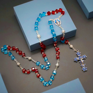 Miraculous Medal & Crucifix of 6 mm Square Multicolor Crystal Alloy Chain Rosary