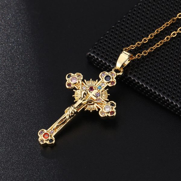 Christianartworkshop Fresh Pastoral Style Crucifix with Biblical Colorful Gemstones Pendant Necklace