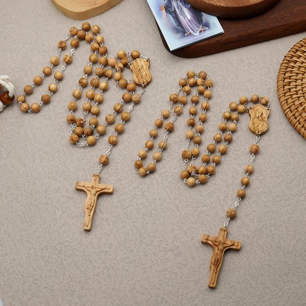 Madonna and Child & Crucifix of 8 mm Round Multicolor Olive Wood Alloy Chain Rosary