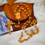 Madonna and Child & Crucifix of 8 mm Round Multicolor Olive Wood Alloy Chain Rosary