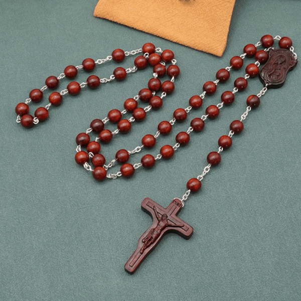 Madonna and Child & Crucifix of 8 mm Round Multicolor Olive Wood Alloy Chain Rosary