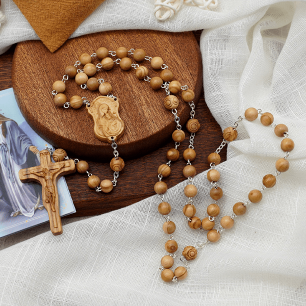 Madonna and Child & Crucifix of 8 mm Round Multicolor Olive Wood Alloy Chain Rosary