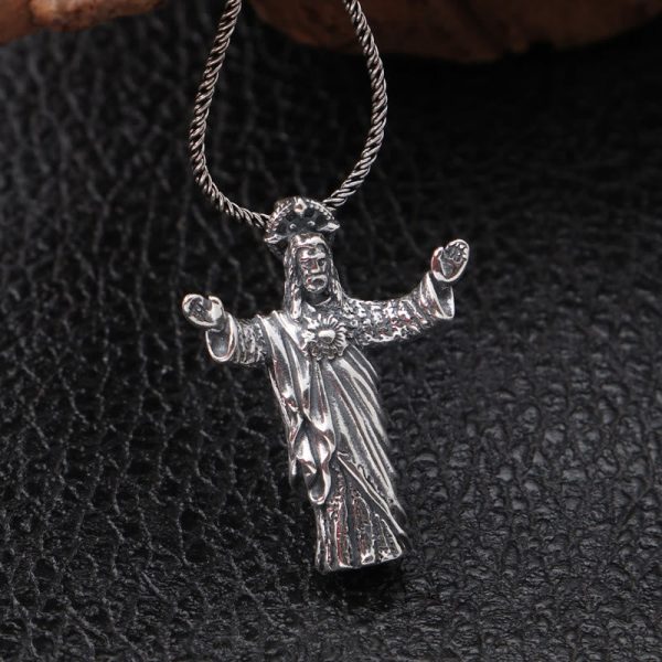Retro Old-Fashioned Style Jesus Sterling Silver Pendant Necklace