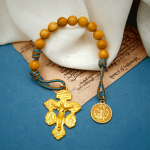 St. Benedict Medal & Crucifix of 10 mm Round Golden Olive Wood Nylon Cord Pocket Rosary